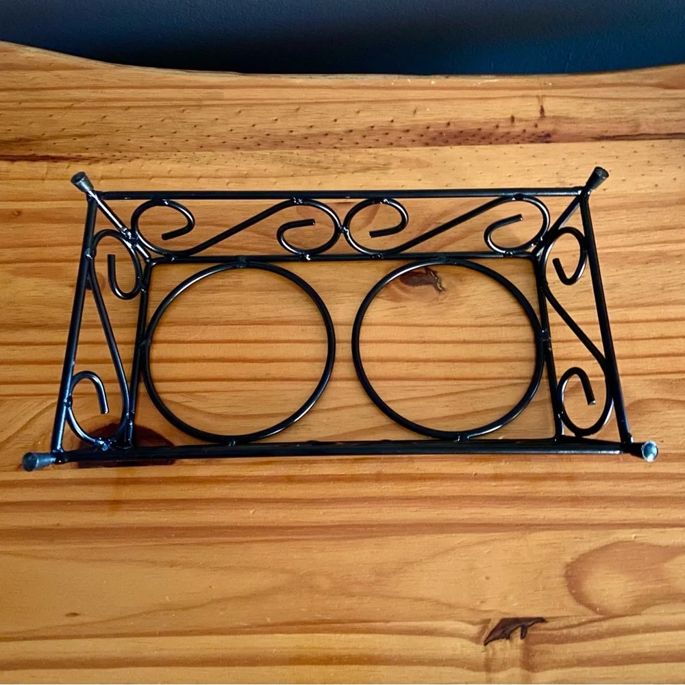 Vintage Dog Food and Water Bowl Stand in Black Metal